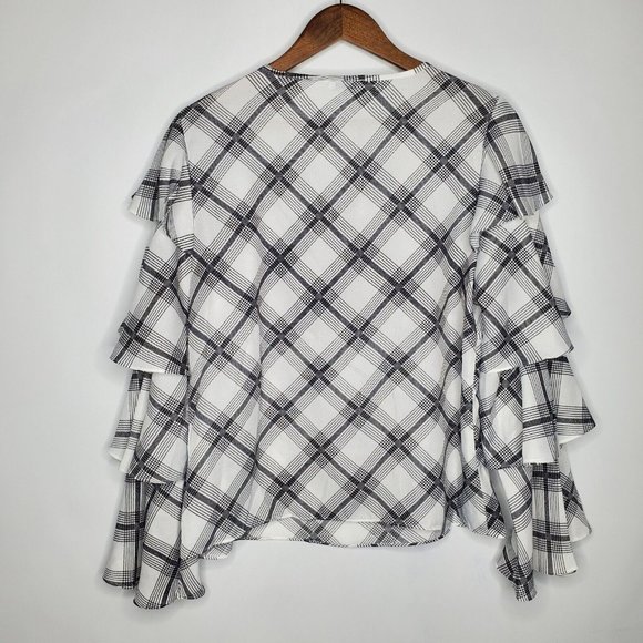 Why Dress Womens Black Plaid Ruffled Sleeve Tie Front Blouse Size L Career NWT - Picture 2 of 9
